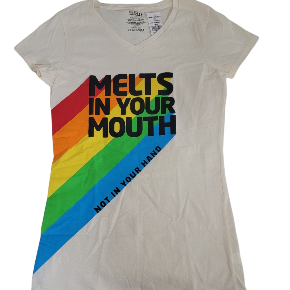 M&M's World Women's "Melts in Your Mouth" not in your hand Tee Sz S New W/Tags